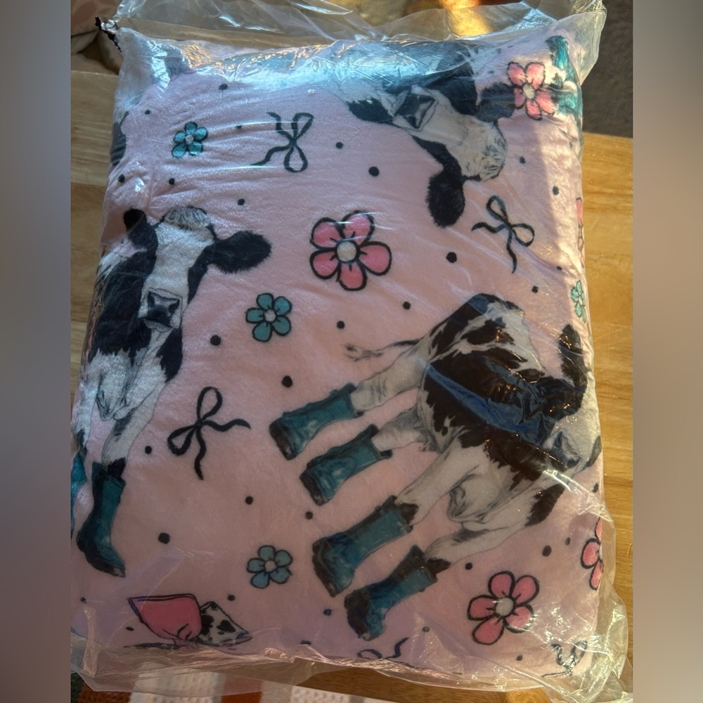 Pink Blanket with Cow and Flower Print